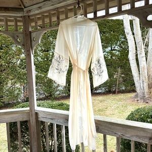 Vintage Ivory Silk Robe, Sheer, Embroidered Floral Bell Sleeves, Medium
